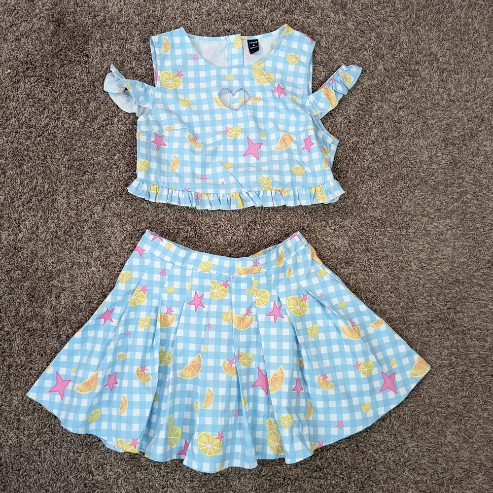 Gingham and Star Print Cold Shoulder Top and Pleated Skirt